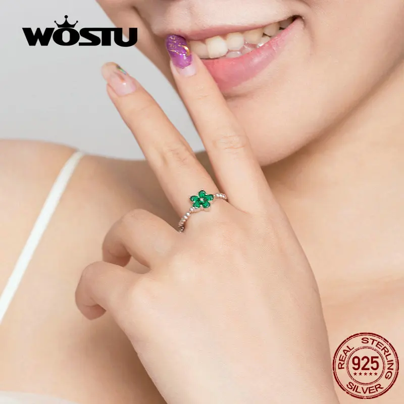 WOSTU, настоящее 925 пробы, серебряные Регулируемые кольца, уникальный зеленый цветок, CZ цепь, кольца для женщин, модное ювелирное изделие CQR532
