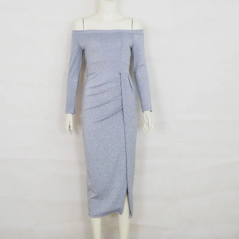 Женское длинное платье с открытыми плечами и разрезом Клубное длинным рукавом