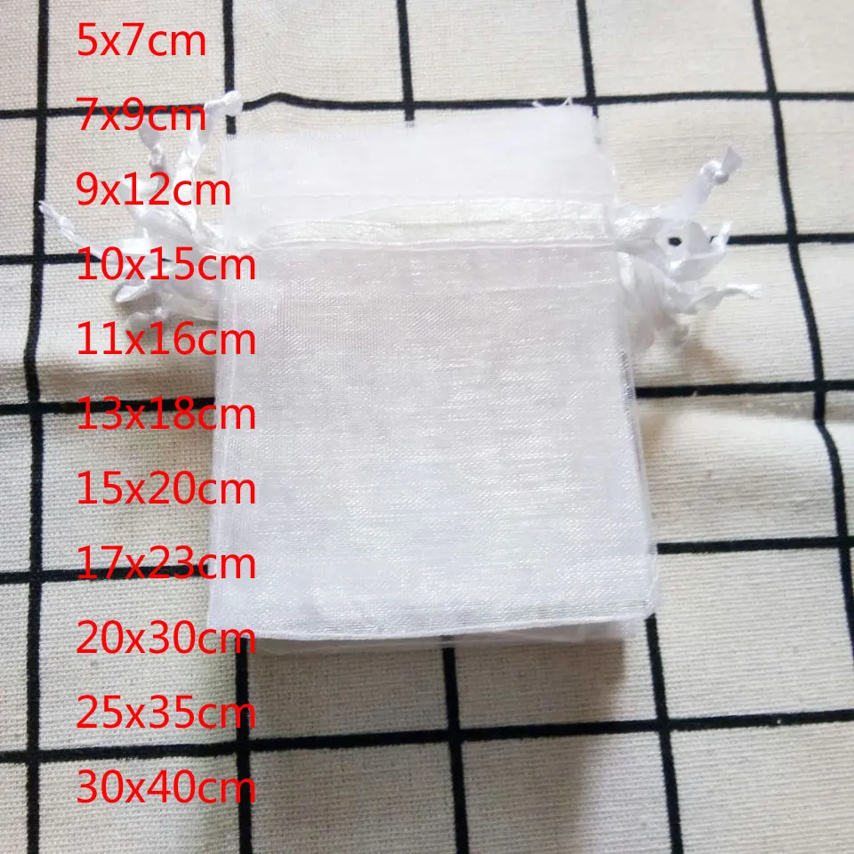 Хит 100 шт./лот, белые сумки из органзы, 7x9 9x12, 10x15, 13x18, 15x20 см, упаковка для свадебного подарка, сумки на шнурке и сумки для ювелирных изделий, новинка