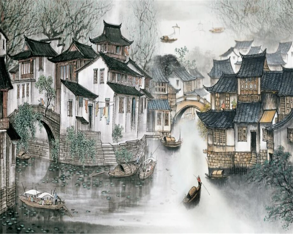 Обои для гостиной спальни украшения дома фрески обои Jiangnan водяная деревня