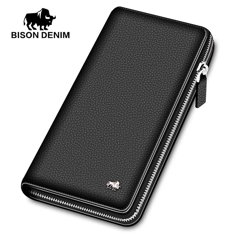Мужской длинный клатч BISON DENIM черный деловой Повседневный бумажник из
