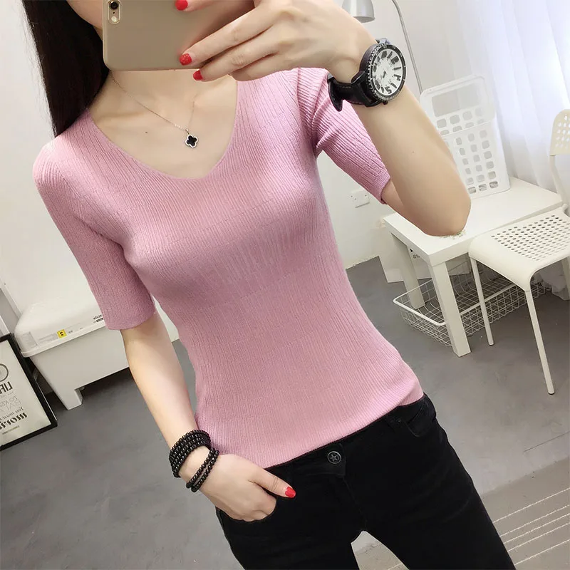 OHCL black white Autumn Winter Sweater Women solid Knitted Pullovers long sleeve tops Wave Cut V-neck Basic office 2018 | Женская одежда
