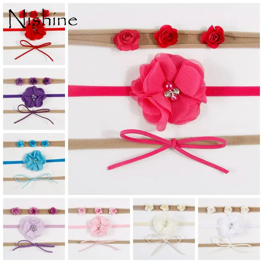 NISHINE 3pcs/lot Newborn Headband Skinny Soft Nylon Headband Chiffon Rose Flower DIY Bow Baby Girl Headband Set Christmas Gift