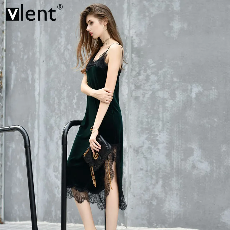 Vlent Sexy Lace Soft Velvet Slip Dress Cami 2017 Deep V Neck Side Split Party Dresses Vintage Women Black Sleeveless Long | Женская