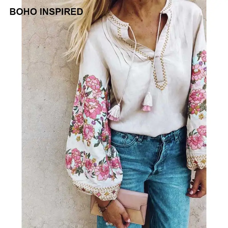 Boho Inspird вышивка цветами блуза с длинным рукавом фонариком v образным вырезом