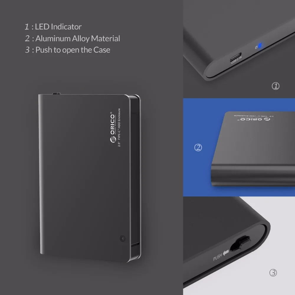 ORICO алюминий 2.5 SATA3.0 USB3.0 HDD SSD корпус Тип-C жесткий диск коробка Поддержка UASP 9.5 мм 12.5