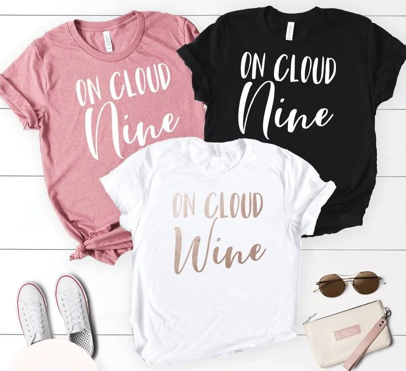 Женская футболка с коротким рукавом OKOUFEN Повседневная принтом Wine Bachelorette Party On Cloud