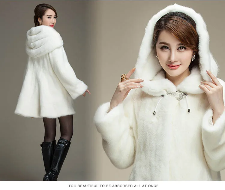 Женское пальто средней длины с капюшоном теплое из искусственного меха норки