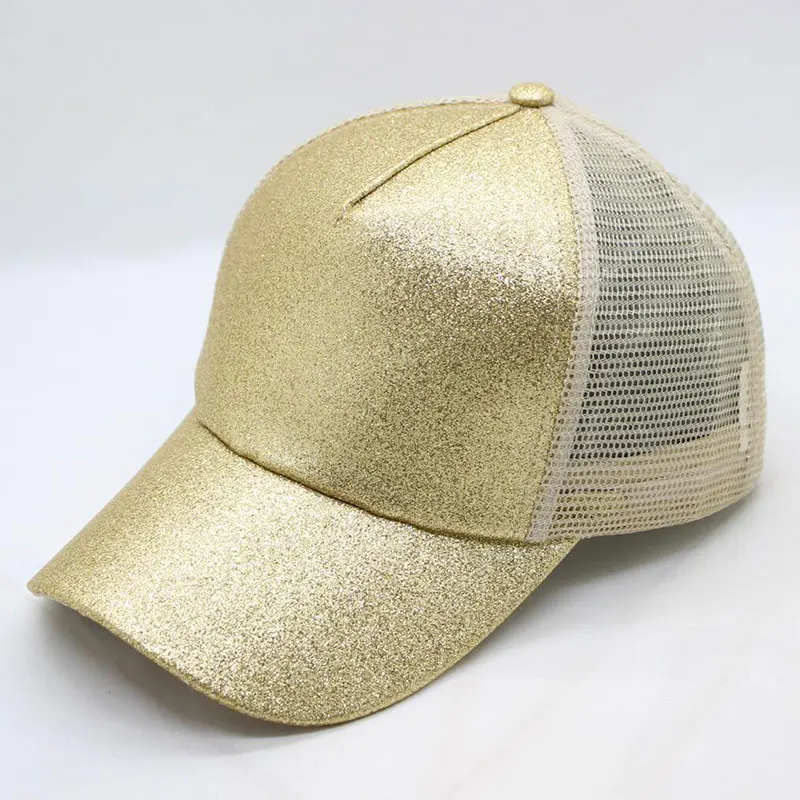 Женская шляпа блестящая Высокая конский хвост заглушка 5 панель Mesh Trucker бейсболка Золотой Серебряный Белый Черный Розовый Коричневый Синий - Цвет: Золотой