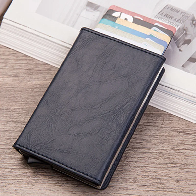 RFID Блокировка Мужской умный кошелек с карманом для монет кожаный кошелек магнитная кнопка кредитный держатель для карт мужской мешок для денег металлический корпус для карт - Цвет: Синий