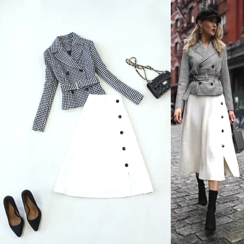 Новинка 2018 зимний женский шерстяной костюм в клетку большого размера пиджак +