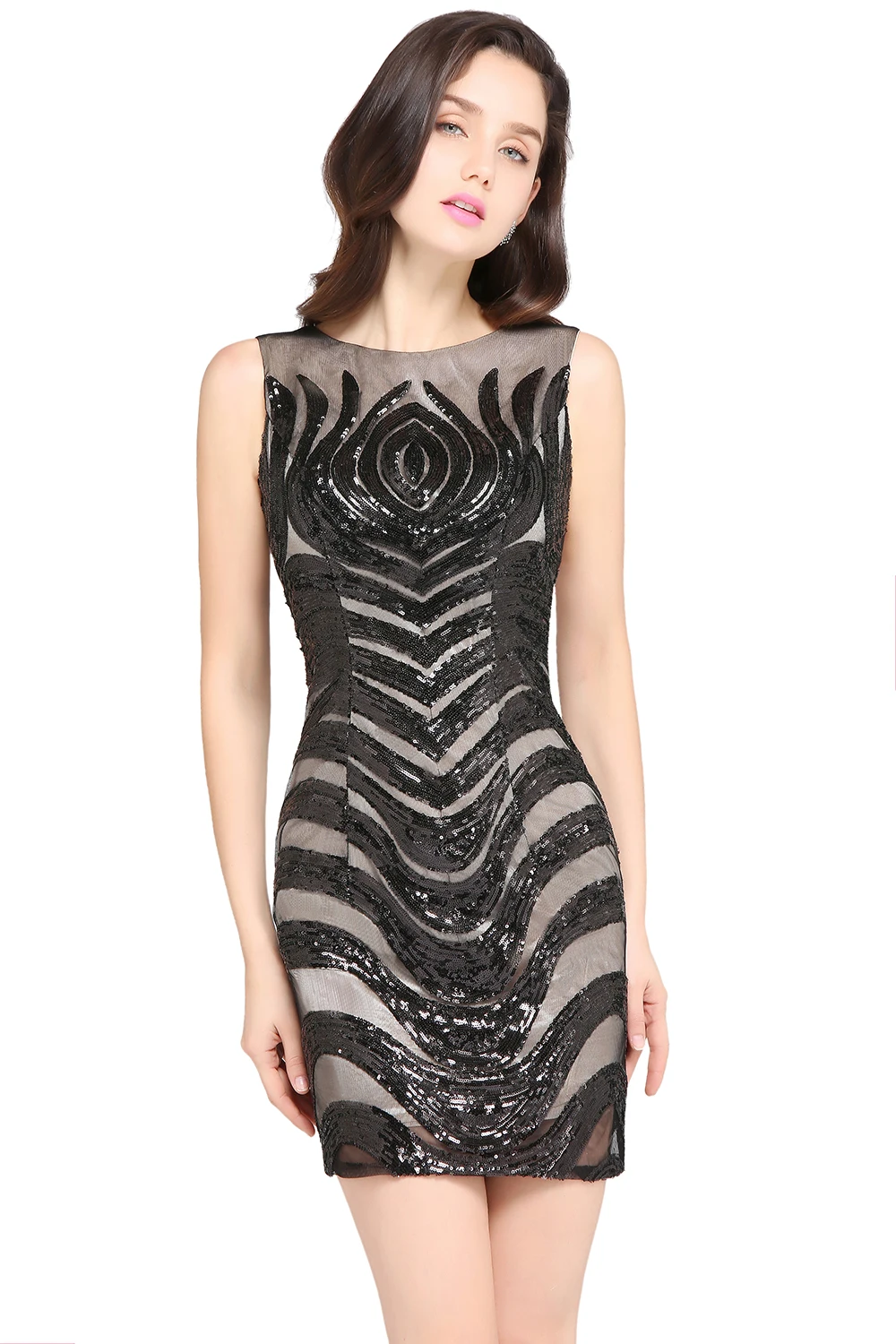 

Fast ship Robe De Soiree Women Evening Dresses bling Sequins sleeveless Black Tulle Evening Dress Short 2019 Cheap Party Dresses