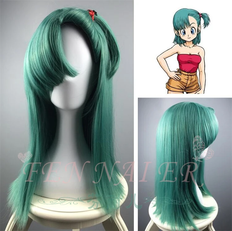 Dragonball Bulma Косплэй парик зеленый длинные прямые волосы на лице хвостик