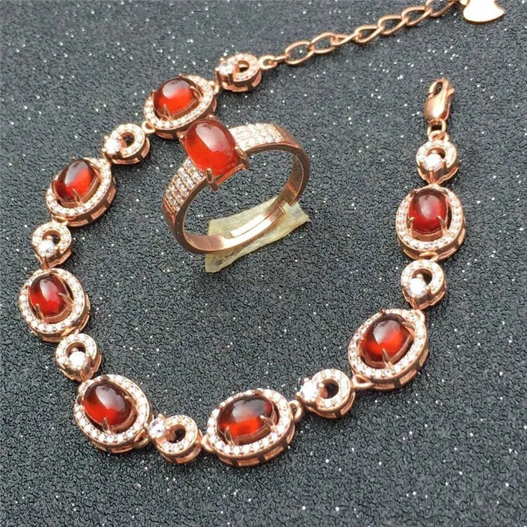 

KJJEAXCMY boutique jewels 925 pure silver inlaid with natural pomegranate stone ring bracelet gold color.