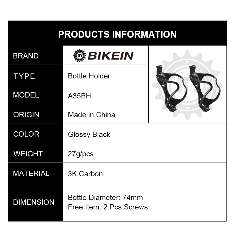 

BIKEIN 2 PCS Cycling Mountain Bike 3k Carbon Water Bottle Holder Glossy Black Road Bike Bottle Cage Bicycle Parts Ultralight 27g