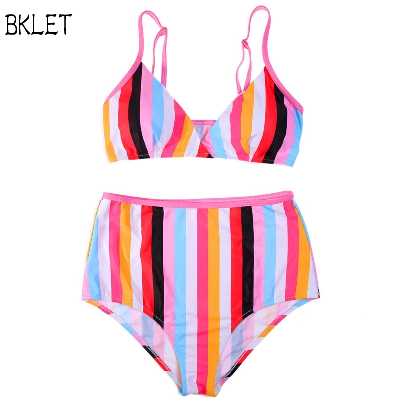 

2018 New Style Women Bikini Sets Sexy Colorful Striped Printing Bandage High Waist Beach Wear Women Bikini Set Bathing Suit