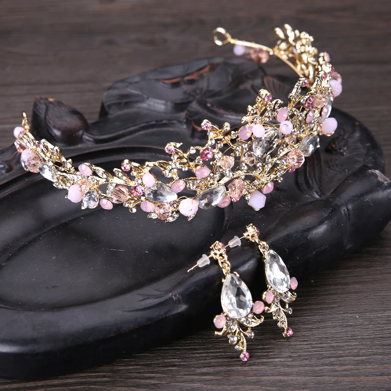 Fashion Gold Color Flower Pink Crystal tiara Princess Crown For Wedding Bride Hair Accessories Jewelry 2 Pcs Earrings HG177 | Украшения и
