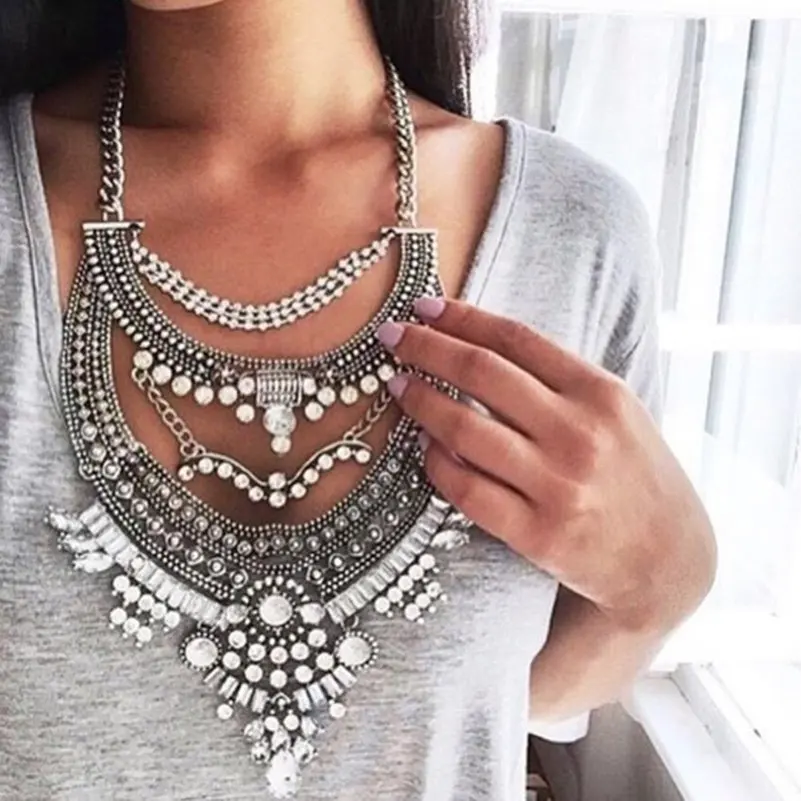 Boho Vintage Necklace for Women Antique Silver Crystal Tassel Statement Necklaces &amp Pendants Bohemian Maxi Jewelry | Украшения и