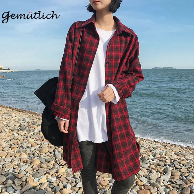 Женская длинная рубашка в клетку GEMUTLICH красная черная шерстяная блузка с