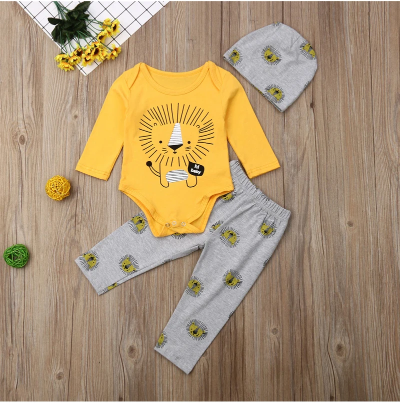 3PCS Toddler Kids Baby Boy Clothes O Neck Long Sleeve Romper Elastic Lion Print Pants Hat Fashion Casual Outfits