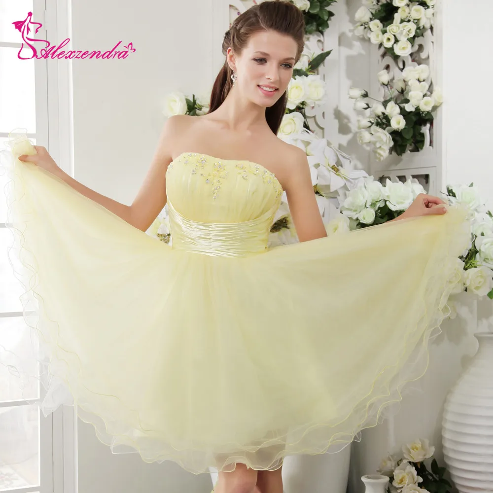 

Alexzendra Light Yellow Organza Short Mini Prom Dresses Strapless Beaded Party Dress Graduation Gown for Girls