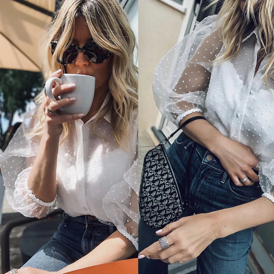

2019 summer new women's shirt fashion casual sleeves mesh shirt sexy hollow ladies shirt shirt