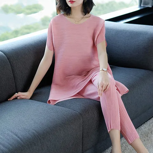 Женский свободный плиссированный комплект из двух предметов блузка с круглым