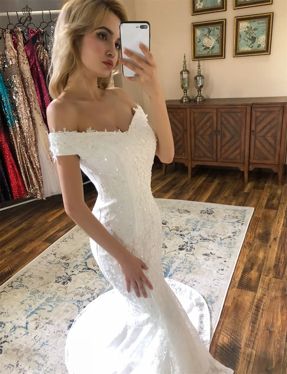 PoemsSongs new style boat neck beautiful lace wedding dress 2021 Vestido de noiva Wedding gowns Mermaid |
