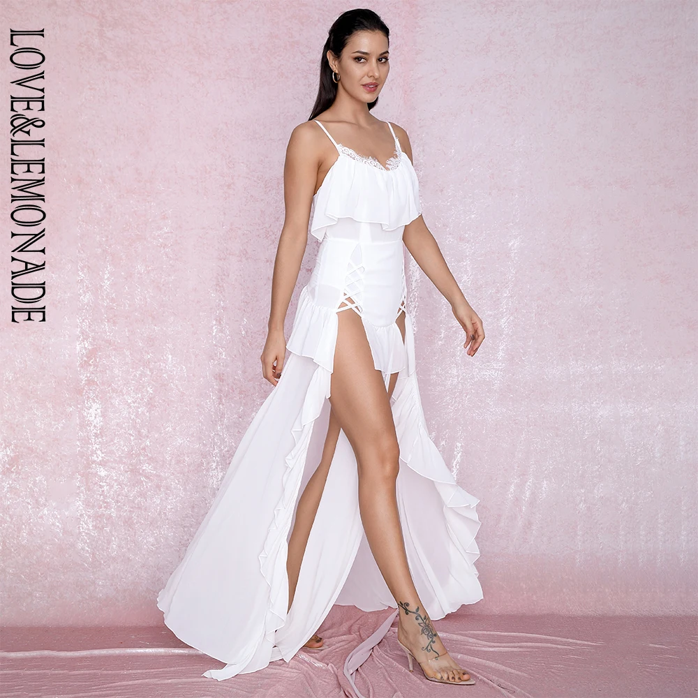Женское пляжное платье Love&ampLemonade длинное белое кружевное шифоновое с разрезом