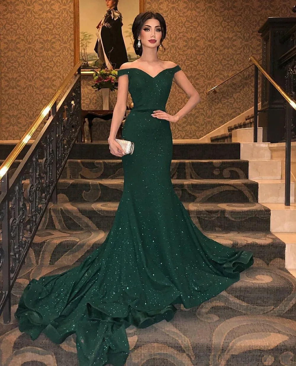 Vestidos De Festa темно-зеленое вечернее платье длинное с открытыми плечами со шлейфом длиной до пола Формальные Вечерние платья
