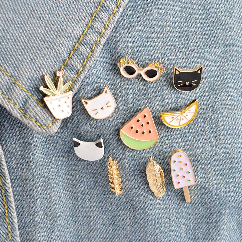Creative cartoon enamel brooch watermelon lemon cactus cat sunglasses leaf badge kawaii pin needle ladies collar bag pins | Украшения и