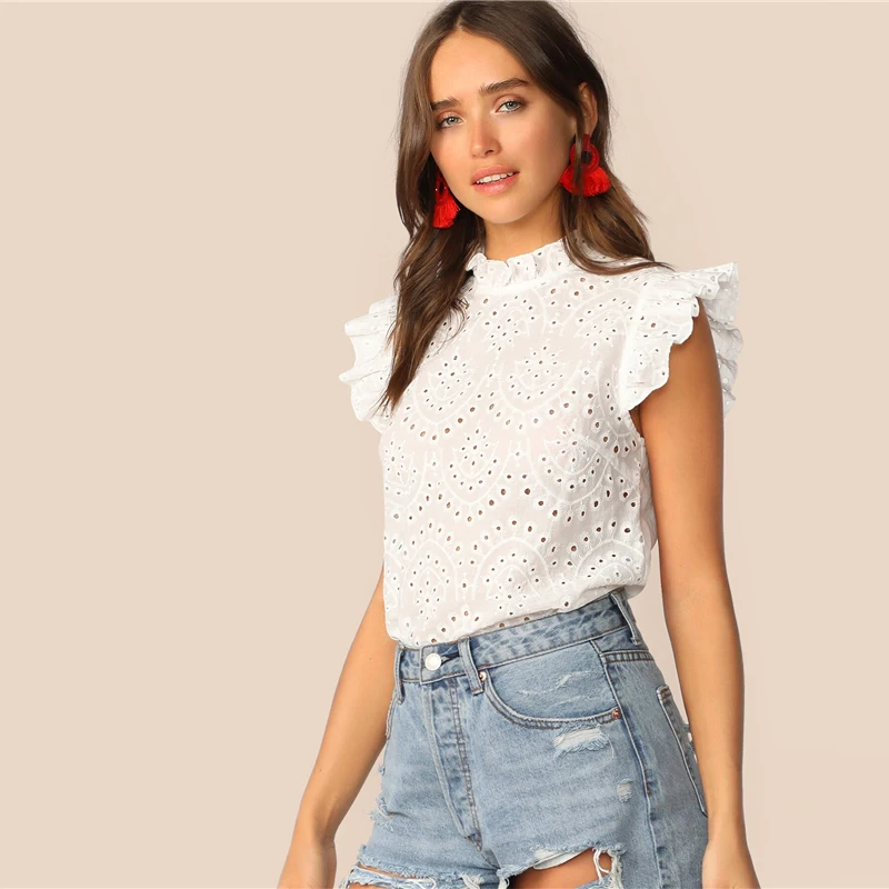 SHEIN модный топ с рюшами, вышивкой и ушками, Boho, белый, розовый, однотонный, без рукавов, со стоячим воротником, блузка, Женские топы и блузки