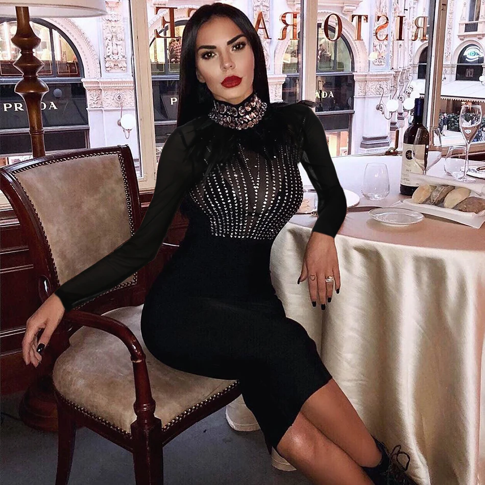 Seamyla New Black Bandage Dresses 2019 Long Sleeve Beaded Mesh Sexy Dress Women Bodycon Club Celebrity Party Vestidos | Женская одежда