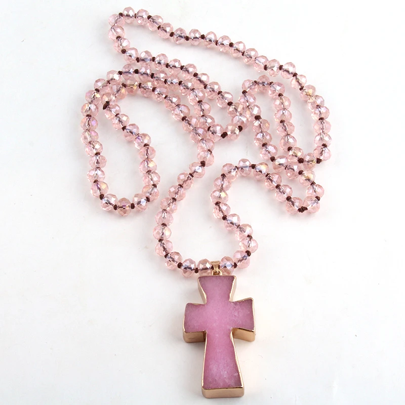 Fashion Aqua Long Crystal Glass Knotted Cross Pendant Necklaces For Bohemian Tribal Jewelry | Украшения и аксессуары