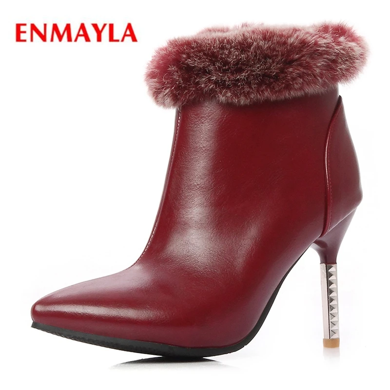 

ENMAYLA, Новое поступление, женские ботинки с острым носком, искусственный мех, на молнии, модные ботинки на высоком каблуке ZYL339