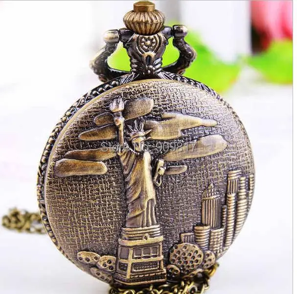 

10 pcs/lot bronze quartz antiques statue of liberty pocket watch Necklace steampunk watches dial 45 mm