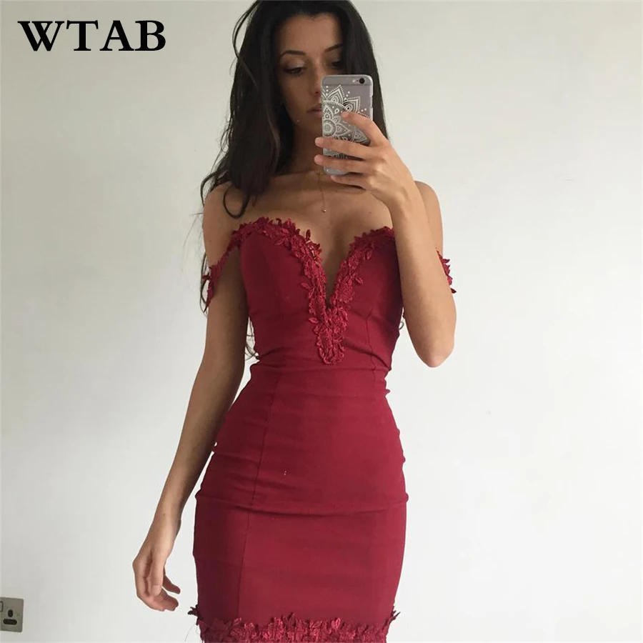 Женское кружевное мини-платье WTAB черное/Красное Облегающее вечернее платье с