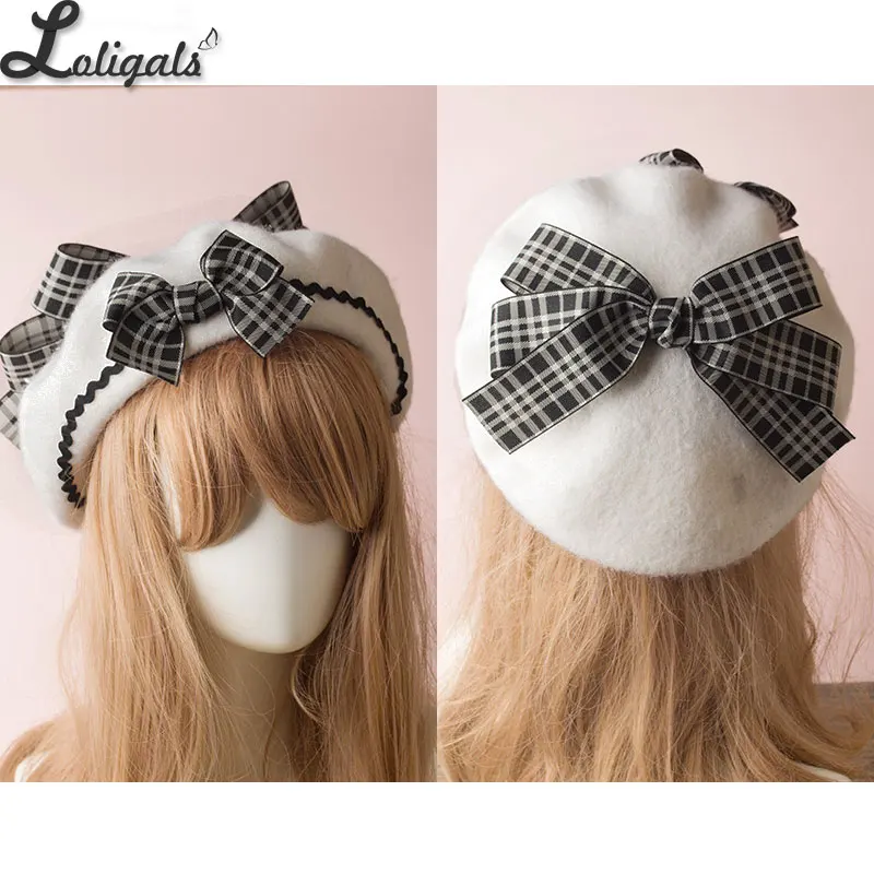 Beige Plaid Сладкий женский Лолита Сейлор берет Готический шерстяной берет шляпа с милыми бантами для зимы - Цвет: Beige Plaid