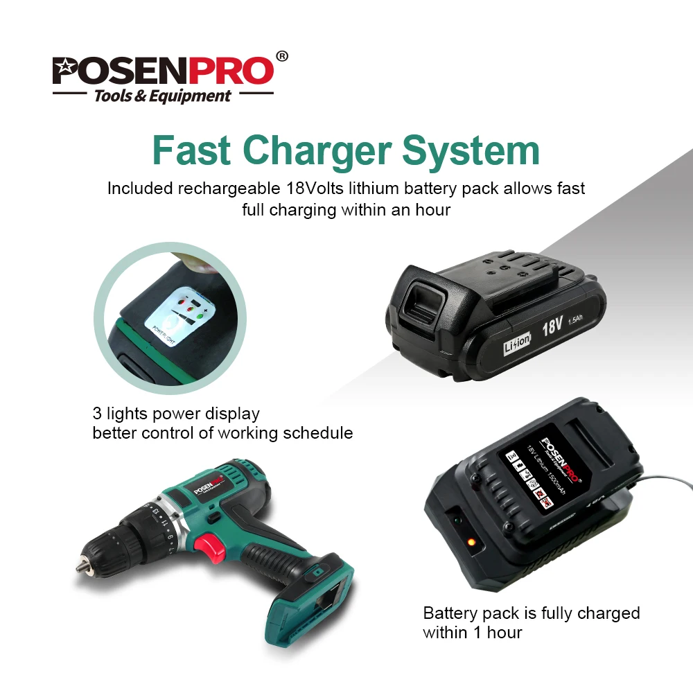 POSENPRO 18V 45Nm DC литий-ионный Батарея 3/8 дюймов 2-Скорость электрическая дрель Мини Электрическая отвертка Беспроводной Мощность драйвер