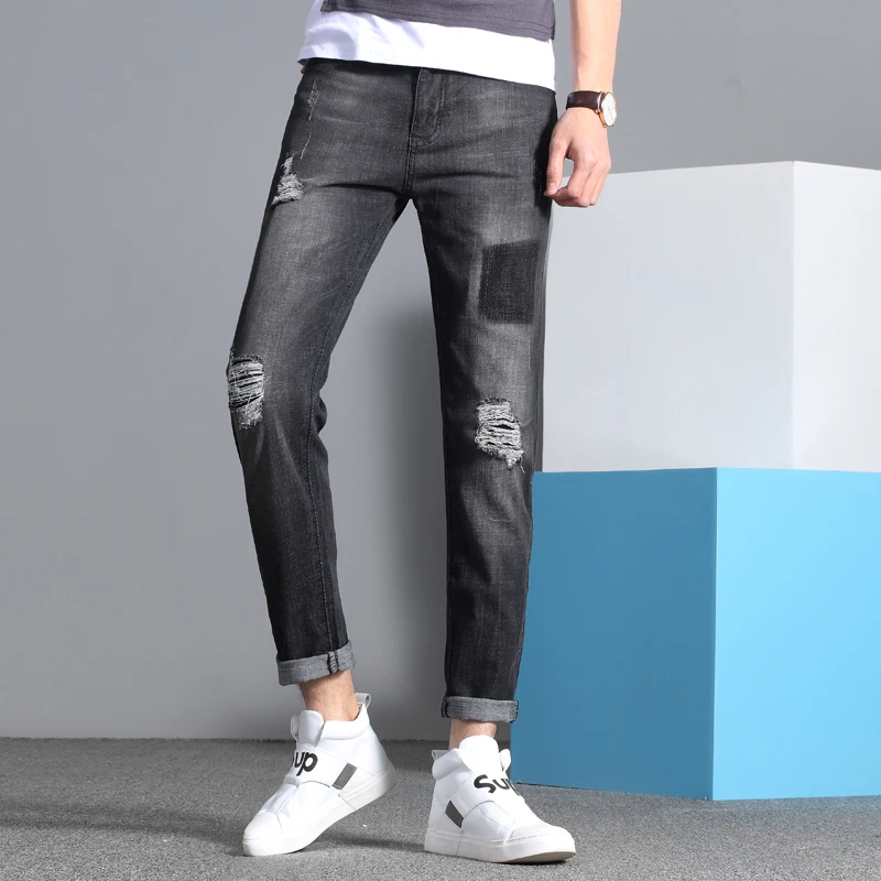 2019 новые черные джинсы Для мужчин Slim Fit рваные колени отверстие летние штаны для