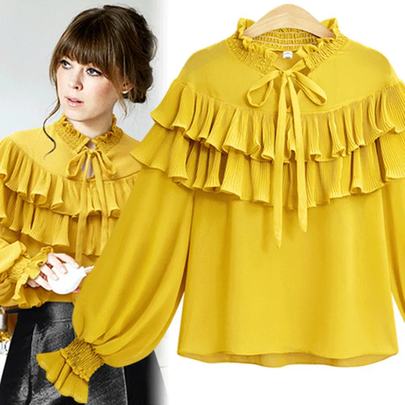 

Новинка, весна-осень, женские рубашки, Vestidos, большие размеры, свободные, однотонные, с оборками, с бантом, с расклешенным рукавом, шифоновые р...