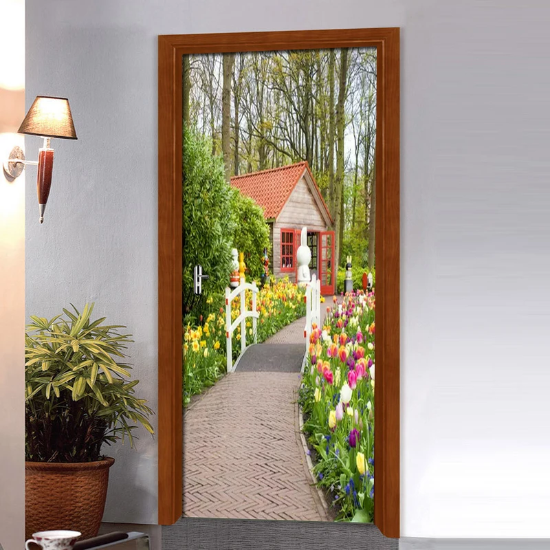 

3D Nature Garden Path Photo Wall Paper Door Sticker for Living Room Bedroom Door Pvc Self-Adhesive Waterproof Decor 3D Mural
