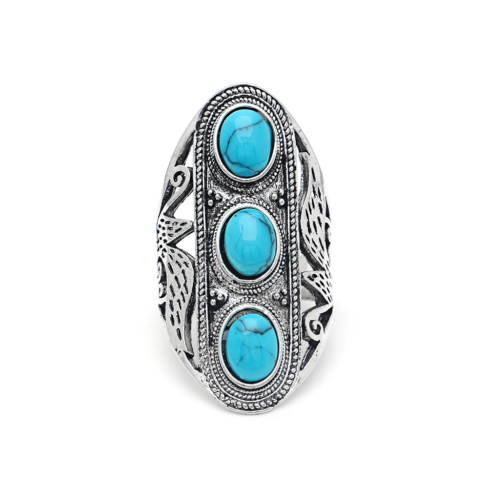 Роскошные несколько бирюзовых колец для женщин Винтаж Femme Boho Этническая ретро серебряный цвет длинное кольцо Модные ювелирные изделия аксессуары