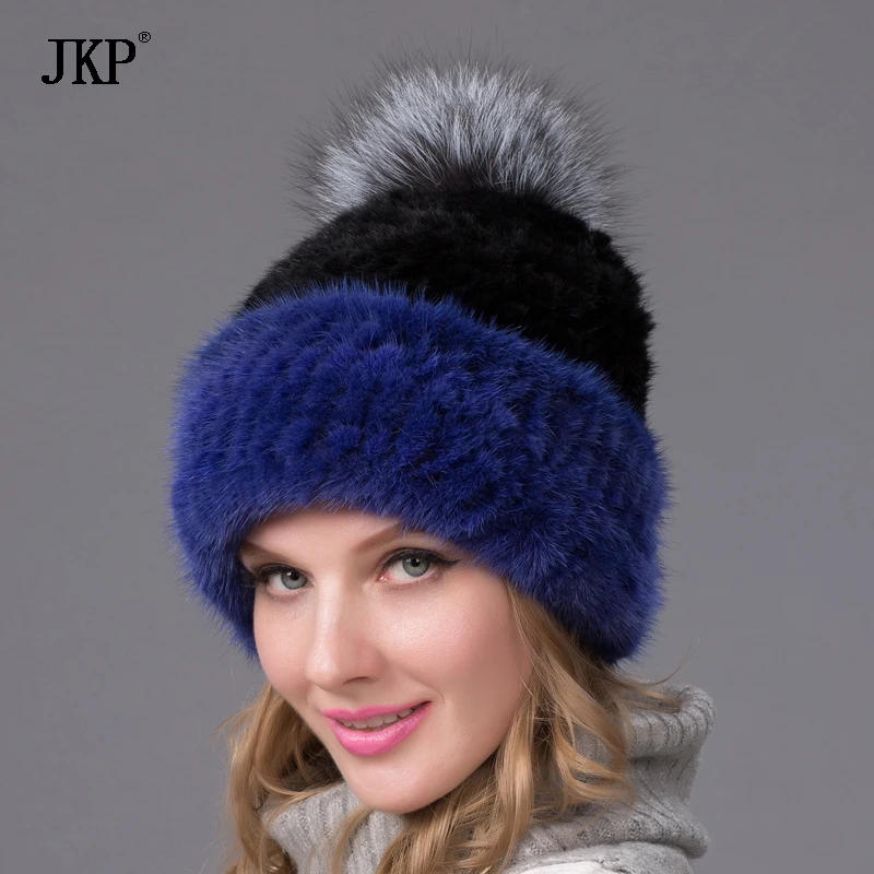 Natural Mink Fur Women's Winter Leather Real Fur Patchwork Color Fashion Hat With Fluffy Fox Fur Ball Sweet Girl Warm Hat