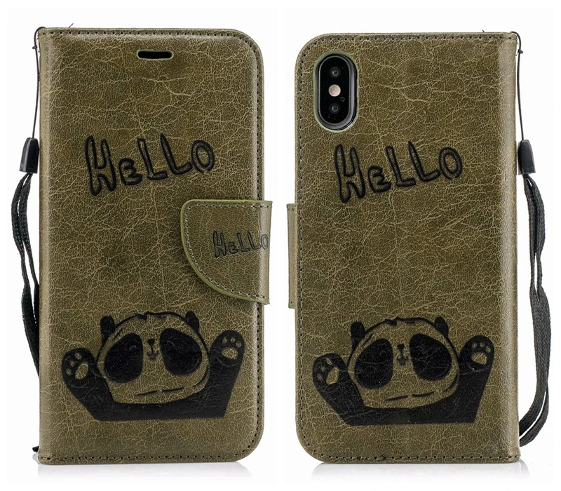 Кожаный чехол бумажник Hello Panda для Iphone X 10 8 7 Plus 6 6S SE 5 5S с отделением карт ID откидная