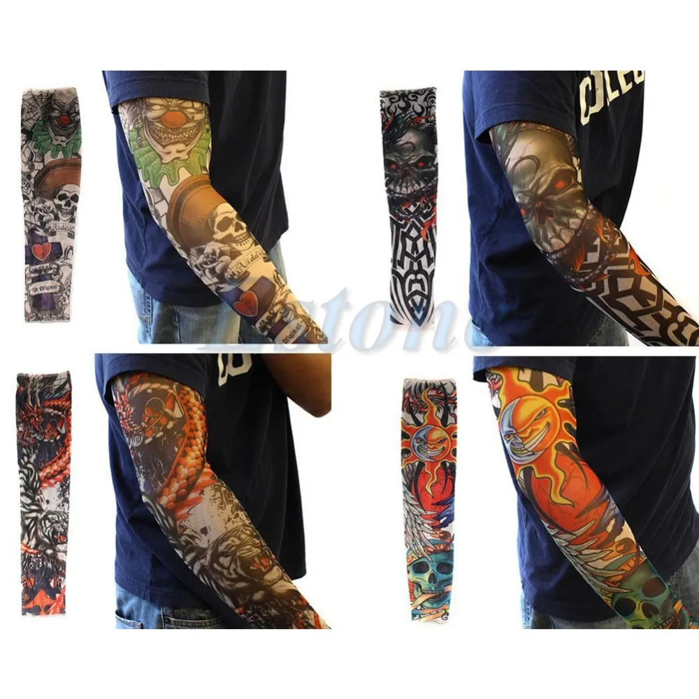 

10 Pcs 1 Lot New Nylon Elastic Fake Temporary Tattoo Arm Sleeve Sun Protective Tattoo Print Arm Warmers for Cool Men Women