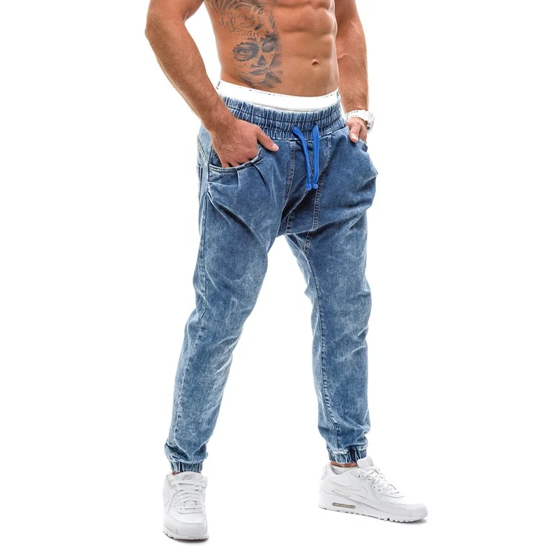 Обтягивающие джинсы синие в стиле хип-хоп Длинные Стрейчевые Hombre Slim Fit Модные