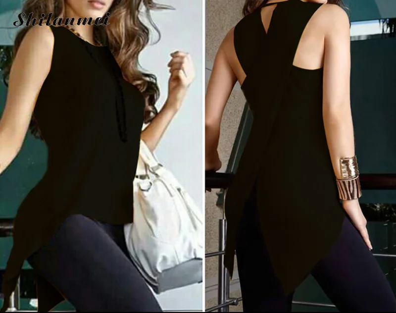 Womens Tops and Blouses Sleeveless Feminine Blouse Shirt 2018 Causal Loose Female Cross Irregular O-Neck Summer for Women |