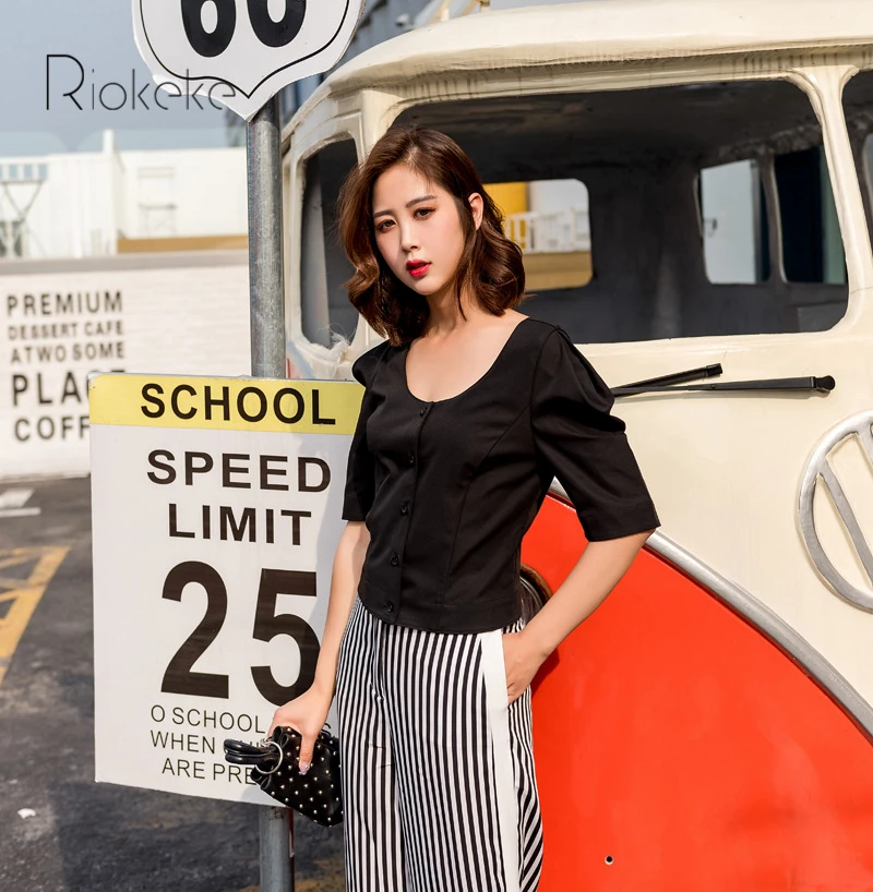 Riokeke Big O Neck Short Sleeve Women's Shirt Modern Retro 2018 Summer Womens Tops and Blouses Women Blouse Shirts Solid |