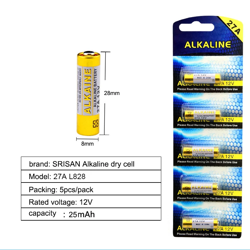 SRISAN 5PCS/Lot 27A 12V dry alkaline battery L828 27AE 27MN A27 for doorbell car alarm walkman remote control etc | Электроника